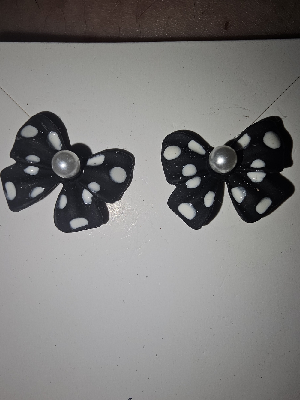 Black and White Polka Dot Bow Earrings with Pearl Accent